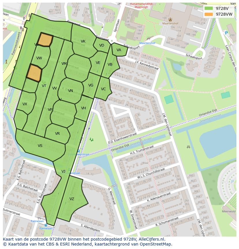 Afbeelding van het postcodegebied 9728 VW op de kaart.