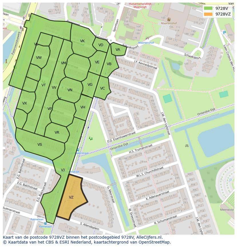 Afbeelding van het postcodegebied 9728 VZ op de kaart.
