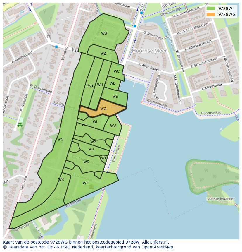 Afbeelding van het postcodegebied 9728 WG op de kaart.
