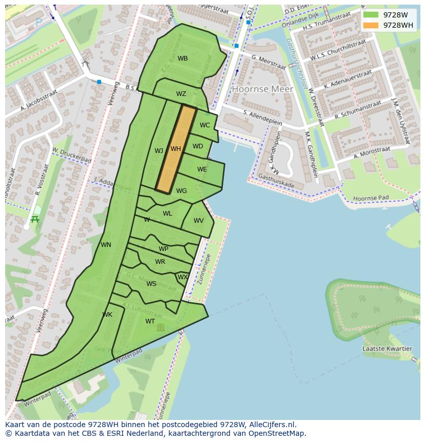 Afbeelding van het postcodegebied 9728 WH op de kaart.