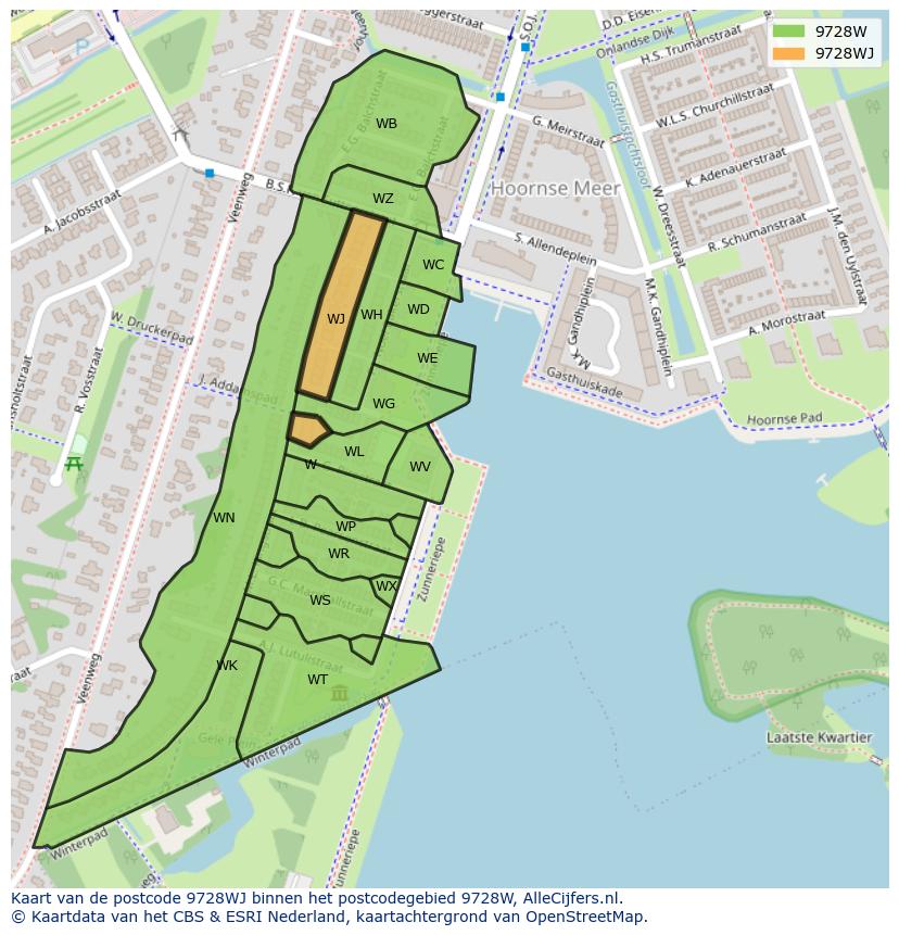 Afbeelding van het postcodegebied 9728 WJ op de kaart.
