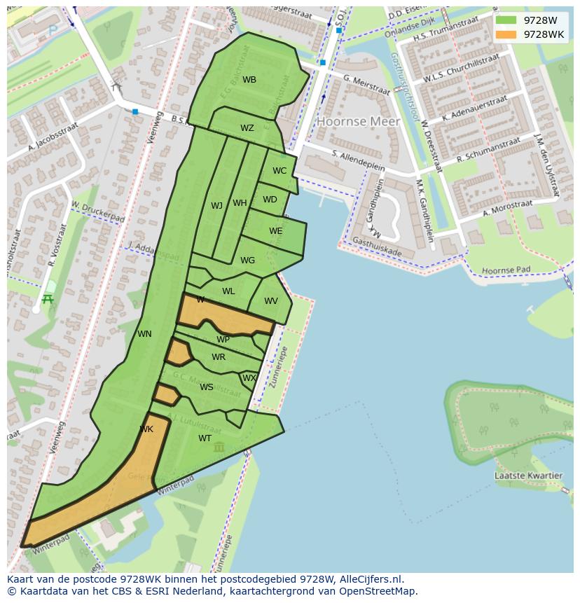Afbeelding van het postcodegebied 9728 WK op de kaart.