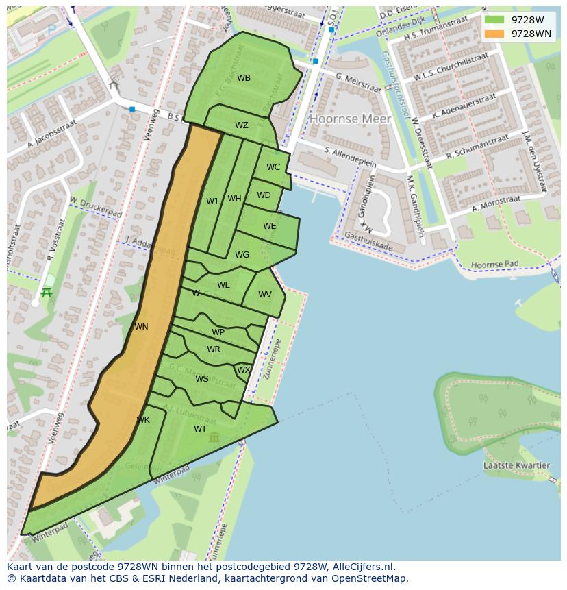 Afbeelding van het postcodegebied 9728 WN op de kaart.