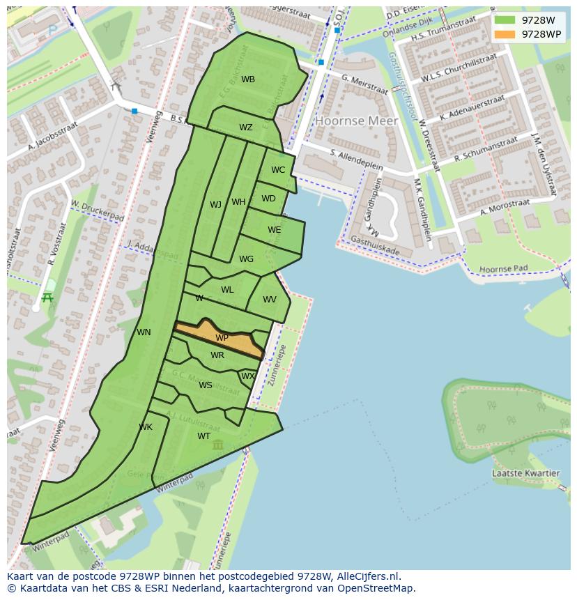 Afbeelding van het postcodegebied 9728 WP op de kaart.
