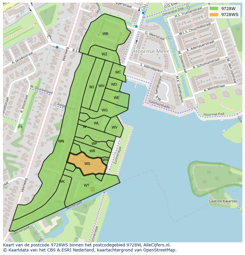 Afbeelding van het postcodegebied 9728 WS op de kaart.