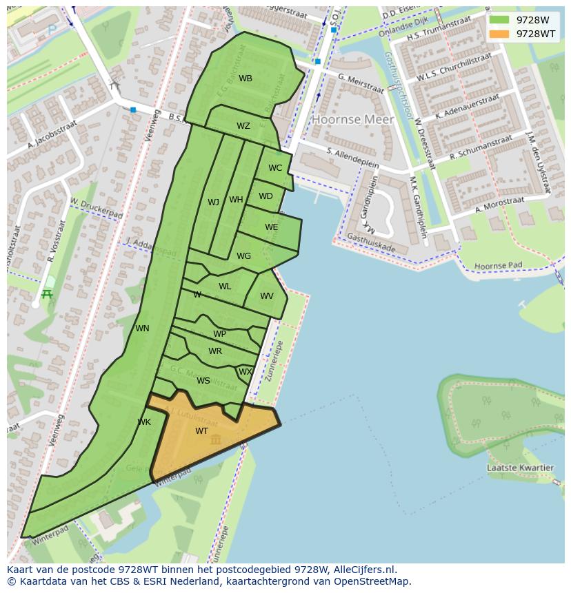 Afbeelding van het postcodegebied 9728 WT op de kaart.