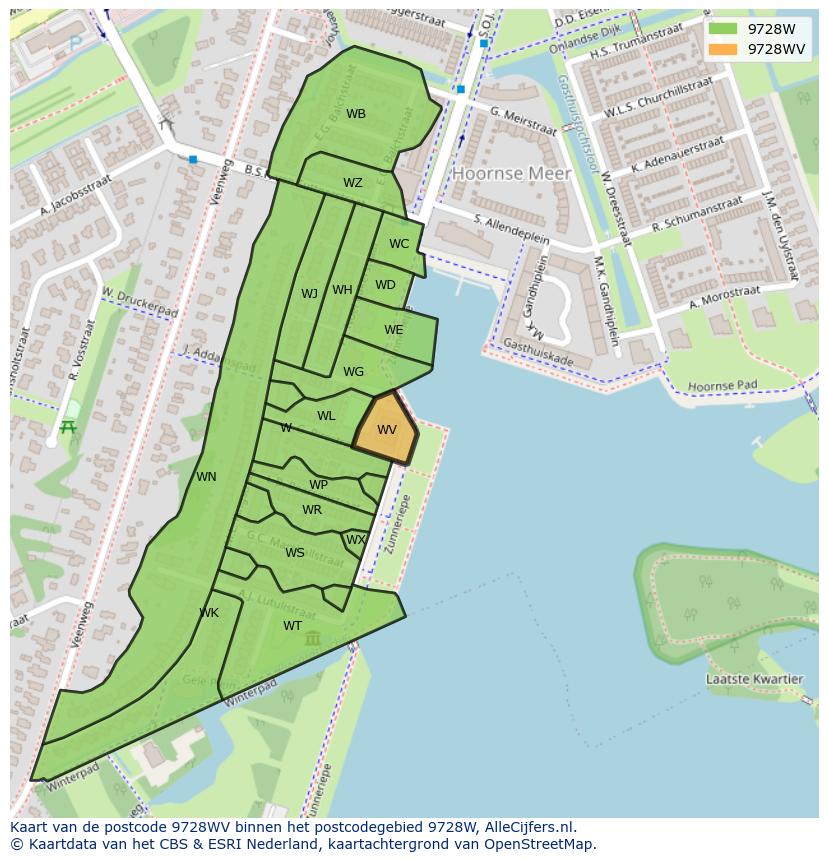 Afbeelding van het postcodegebied 9728 WV op de kaart.