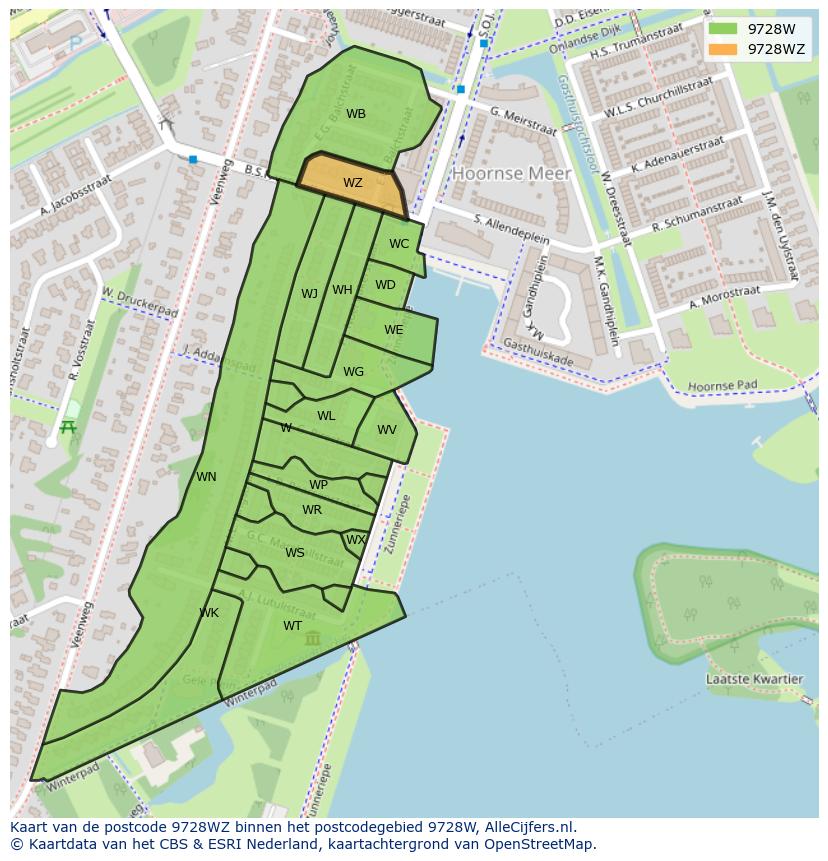 Afbeelding van het postcodegebied 9728 WZ op de kaart.