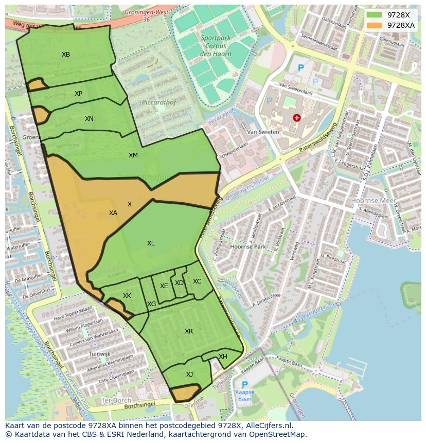 Afbeelding van het postcodegebied 9728 XA op de kaart.