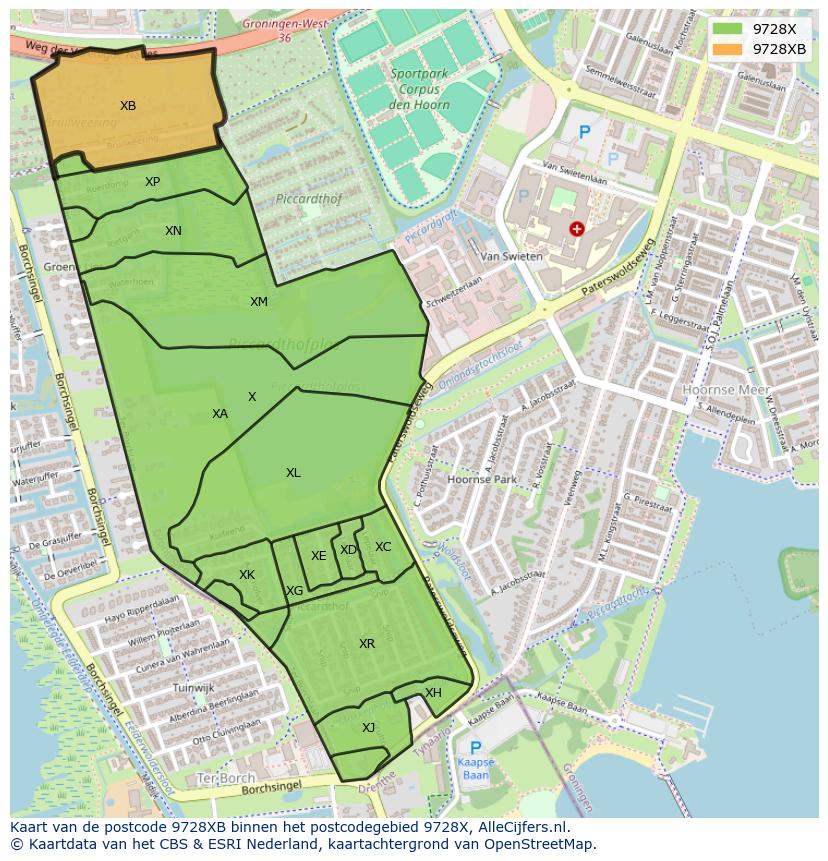 Afbeelding van het postcodegebied 9728 XB op de kaart.