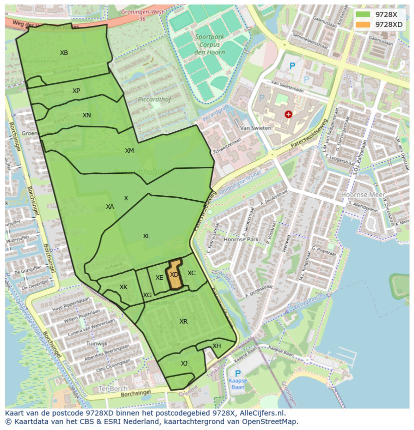 Afbeelding van het postcodegebied 9728 XD op de kaart.