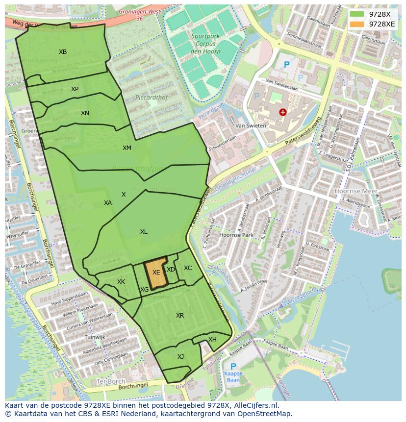 Afbeelding van het postcodegebied 9728 XE op de kaart.