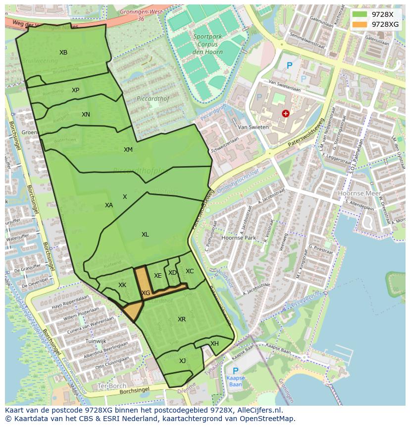 Afbeelding van het postcodegebied 9728 XG op de kaart.