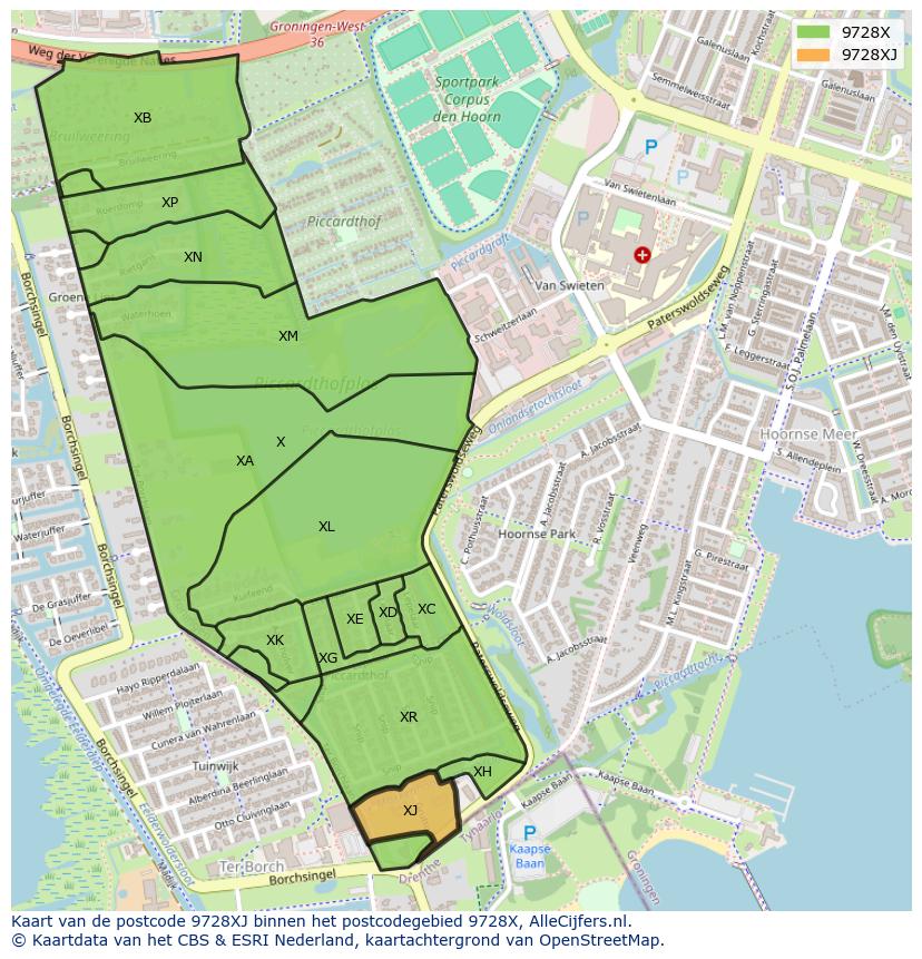 Afbeelding van het postcodegebied 9728 XJ op de kaart.