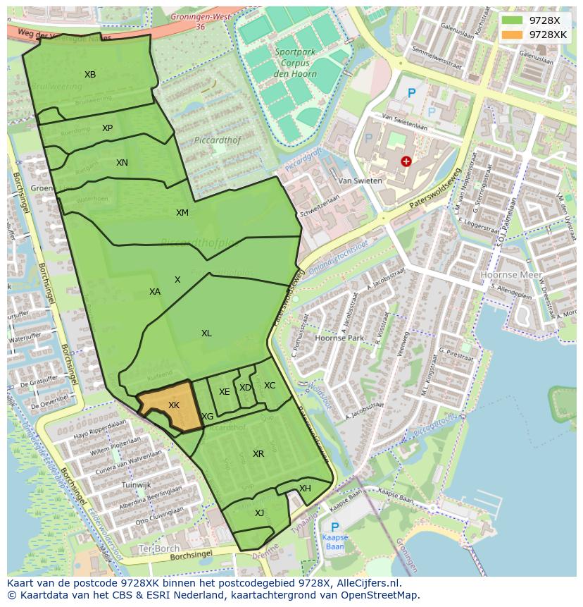 Afbeelding van het postcodegebied 9728 XK op de kaart.