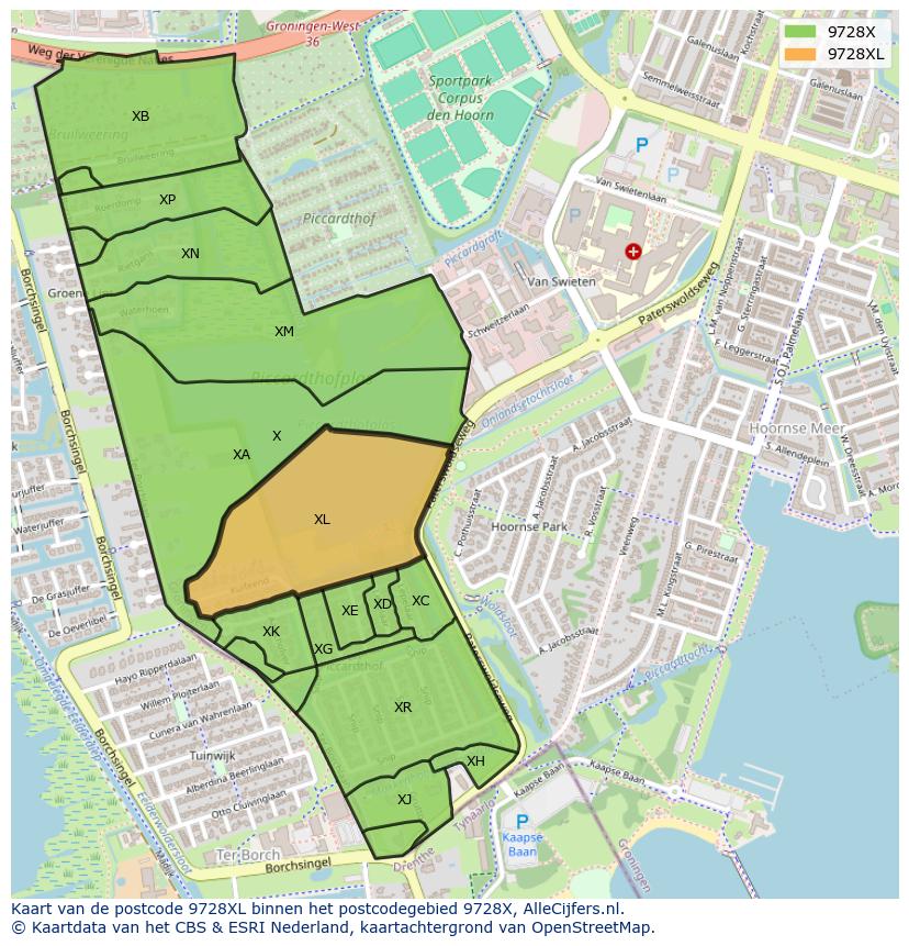 Afbeelding van het postcodegebied 9728 XL op de kaart.