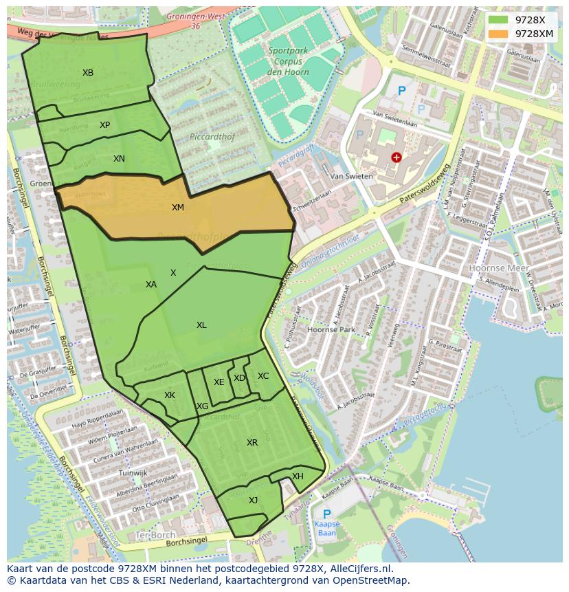 Afbeelding van het postcodegebied 9728 XM op de kaart.