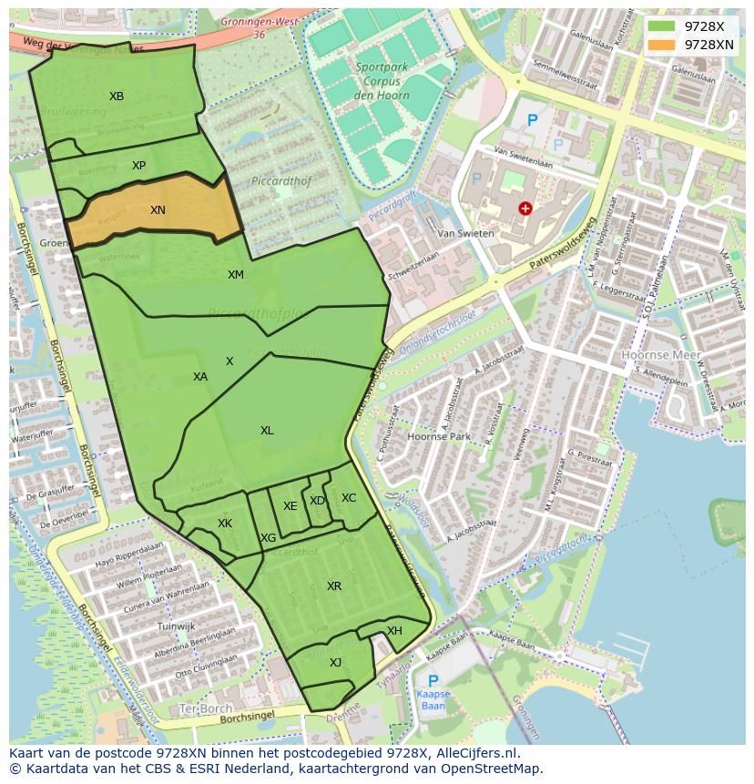 Afbeelding van het postcodegebied 9728 XN op de kaart.