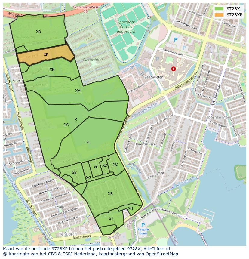 Afbeelding van het postcodegebied 9728 XP op de kaart.