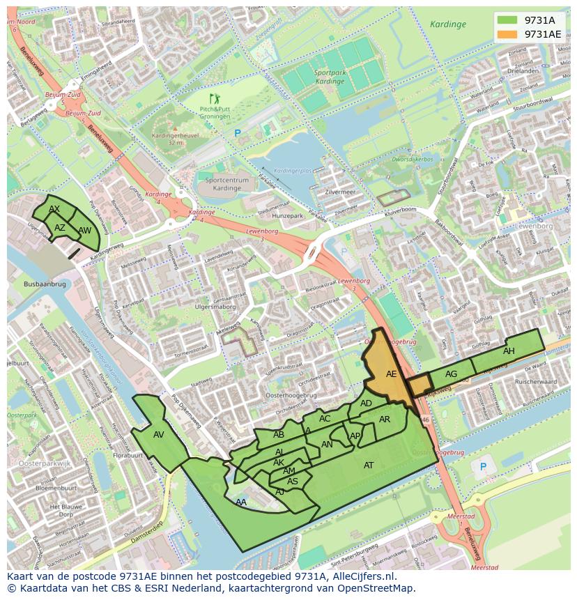 Afbeelding van het postcodegebied 9731 AE op de kaart.