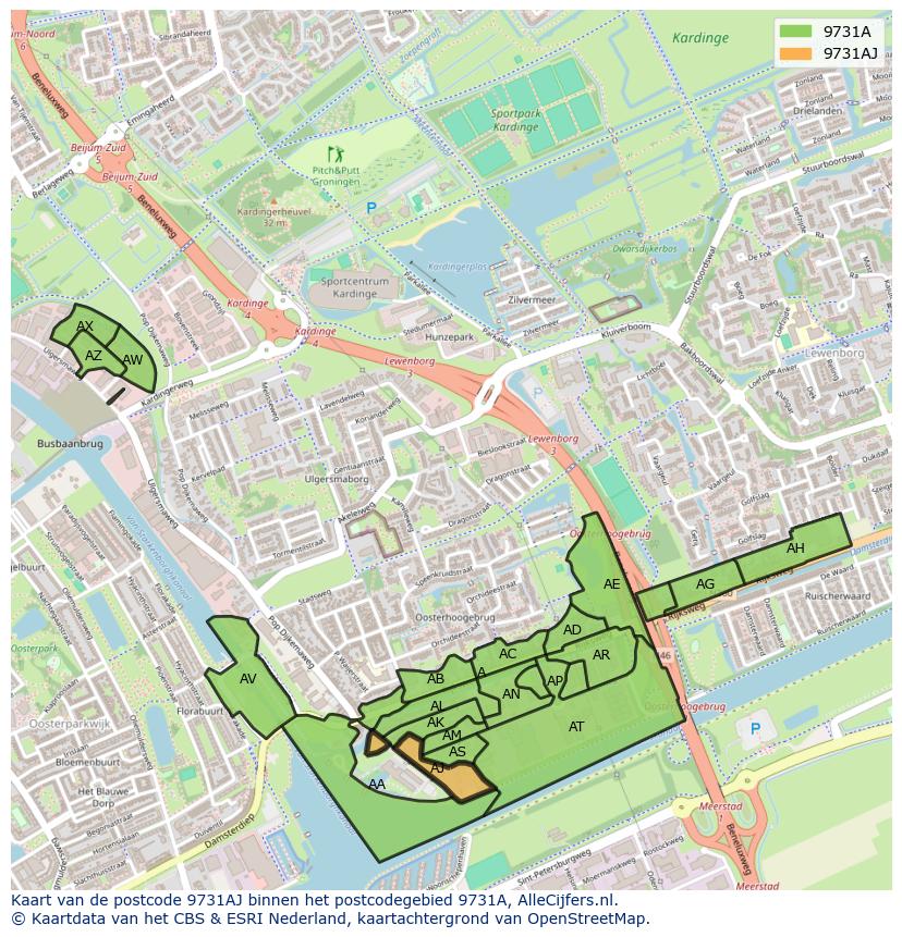 Afbeelding van het postcodegebied 9731 AJ op de kaart.