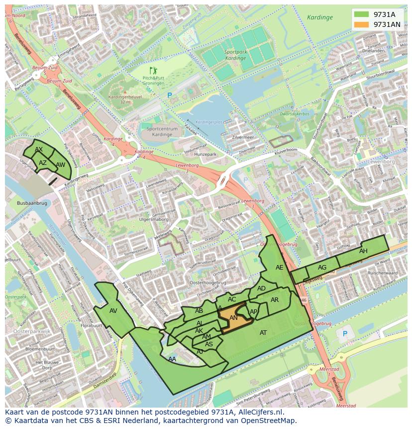 Afbeelding van het postcodegebied 9731 AN op de kaart.