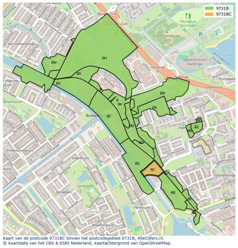 Afbeelding van het postcodegebied 9731 BC op de kaart.