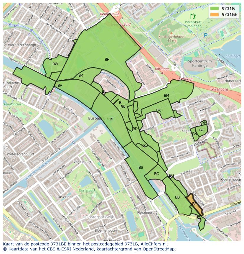 Afbeelding van het postcodegebied 9731 BE op de kaart.