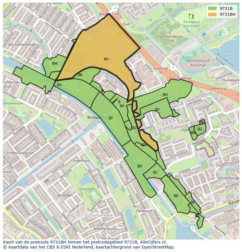 Afbeelding van het postcodegebied 9731 BH op de kaart.
