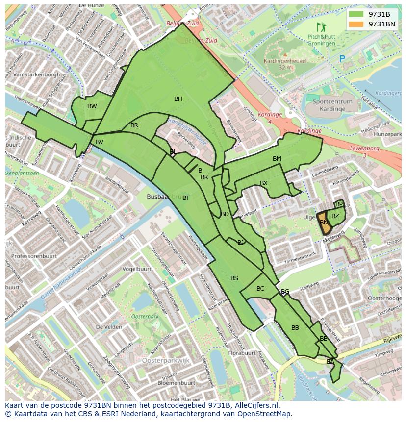 Afbeelding van het postcodegebied 9731 BN op de kaart.