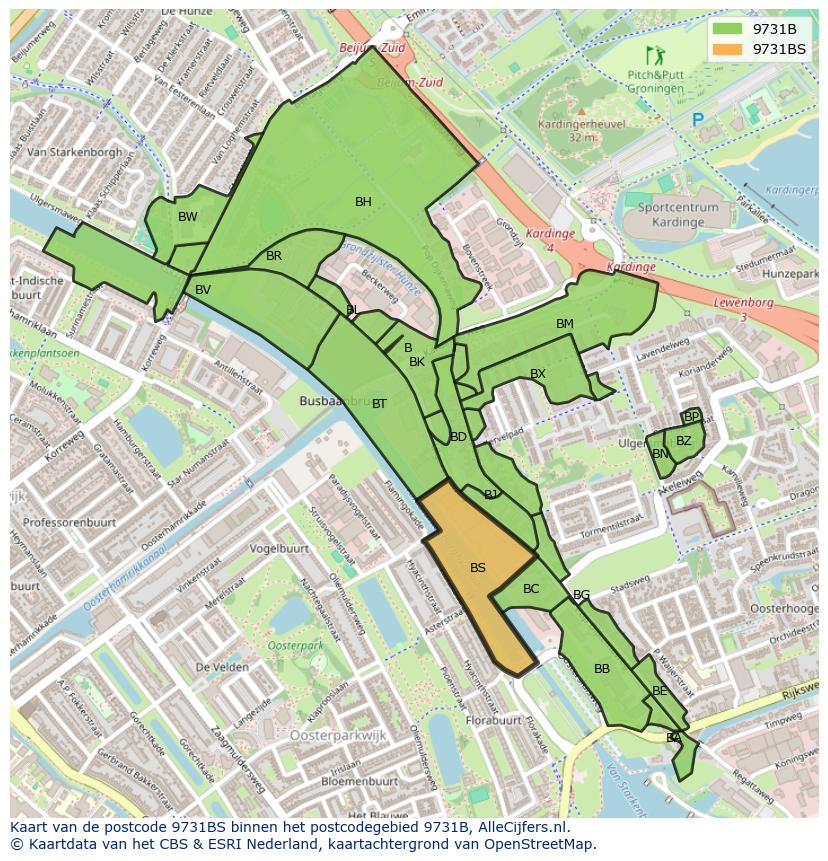 Afbeelding van het postcodegebied 9731 BS op de kaart.