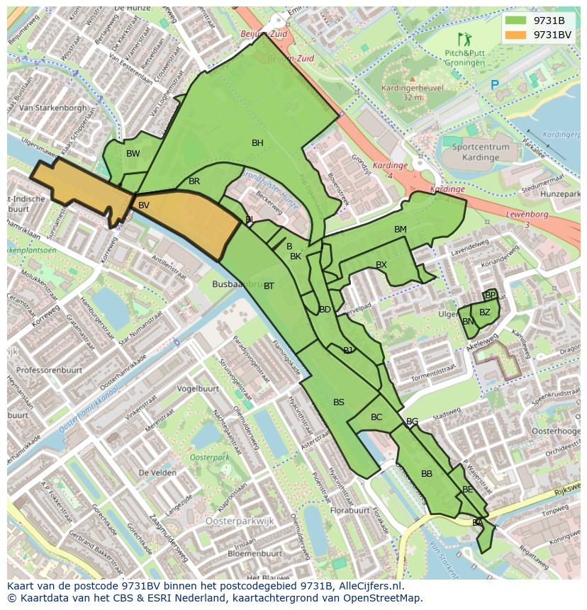 Afbeelding van het postcodegebied 9731 BV op de kaart.