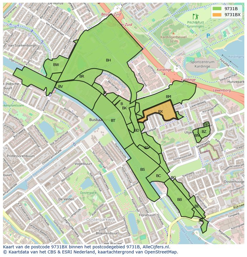 Afbeelding van het postcodegebied 9731 BX op de kaart.