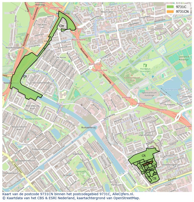 Afbeelding van het postcodegebied 9731 CN op de kaart.