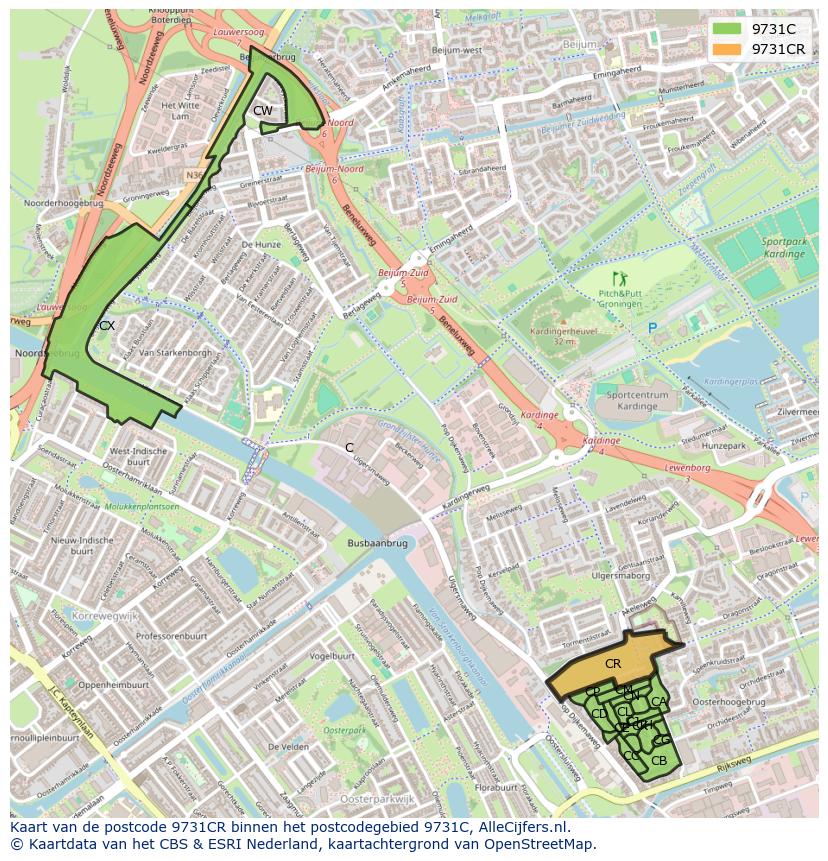 Afbeelding van het postcodegebied 9731 CR op de kaart.