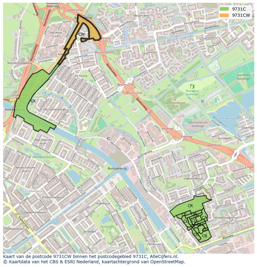 Afbeelding van het postcodegebied 9731 CW op de kaart.