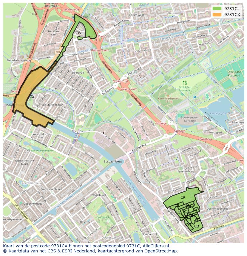 Afbeelding van het postcodegebied 9731 CX op de kaart.