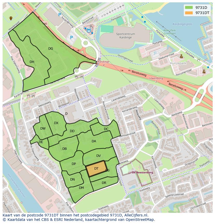 Afbeelding van het postcodegebied 9731 DT op de kaart.