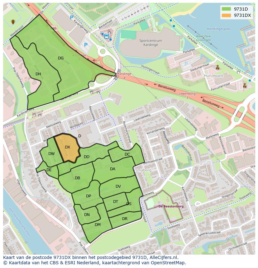 Afbeelding van het postcodegebied 9731 DX op de kaart.