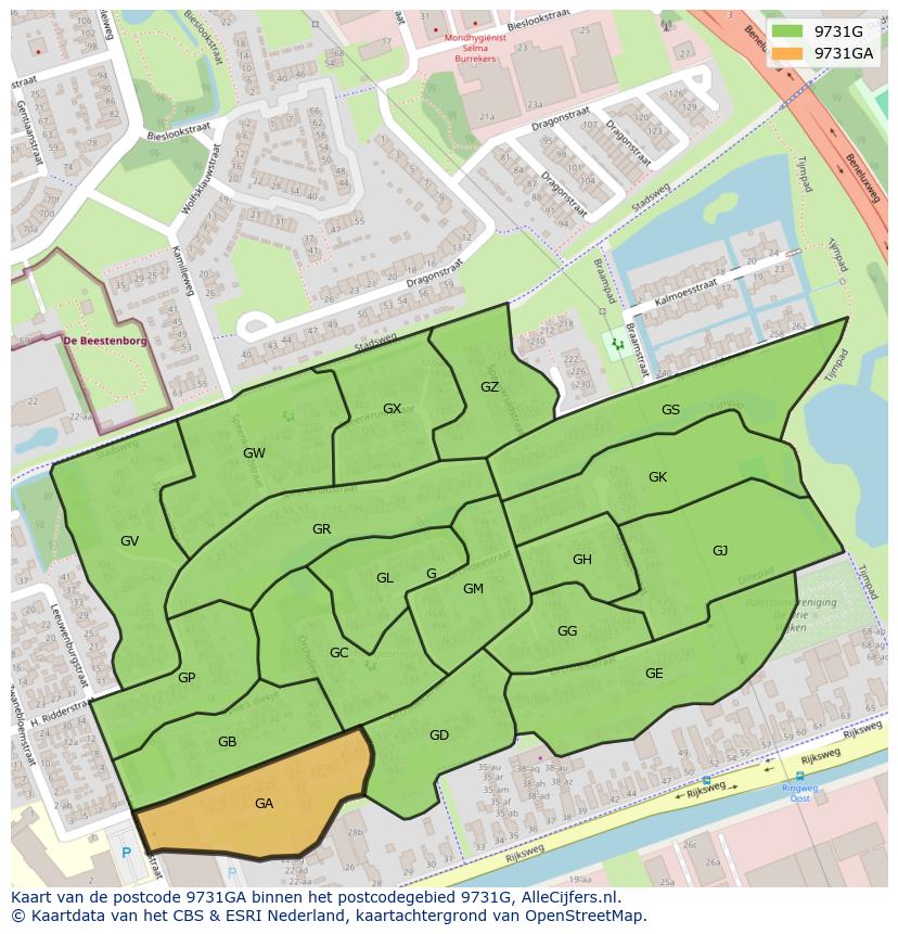 Afbeelding van het postcodegebied 9731 GA op de kaart.