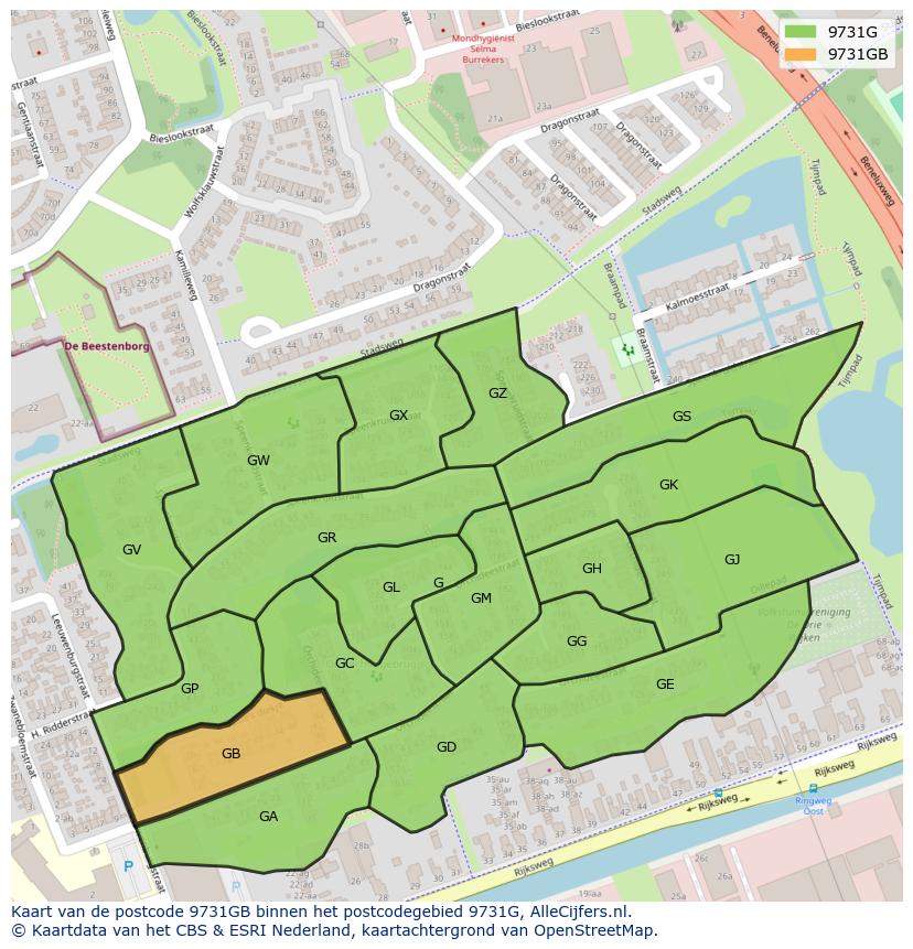 Afbeelding van het postcodegebied 9731 GB op de kaart.