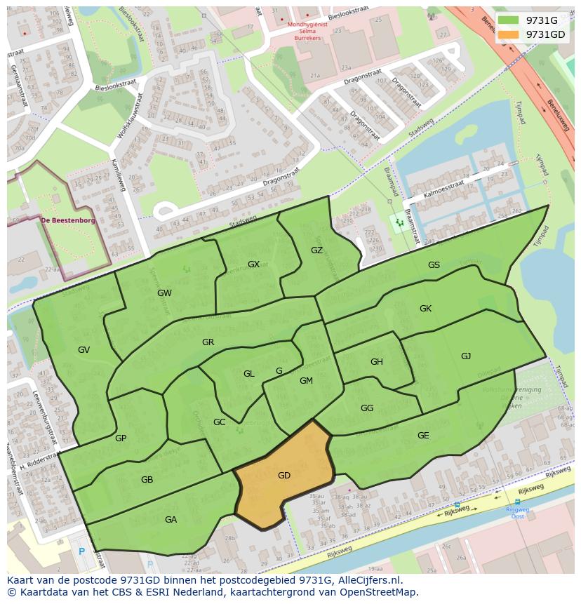 Afbeelding van het postcodegebied 9731 GD op de kaart.