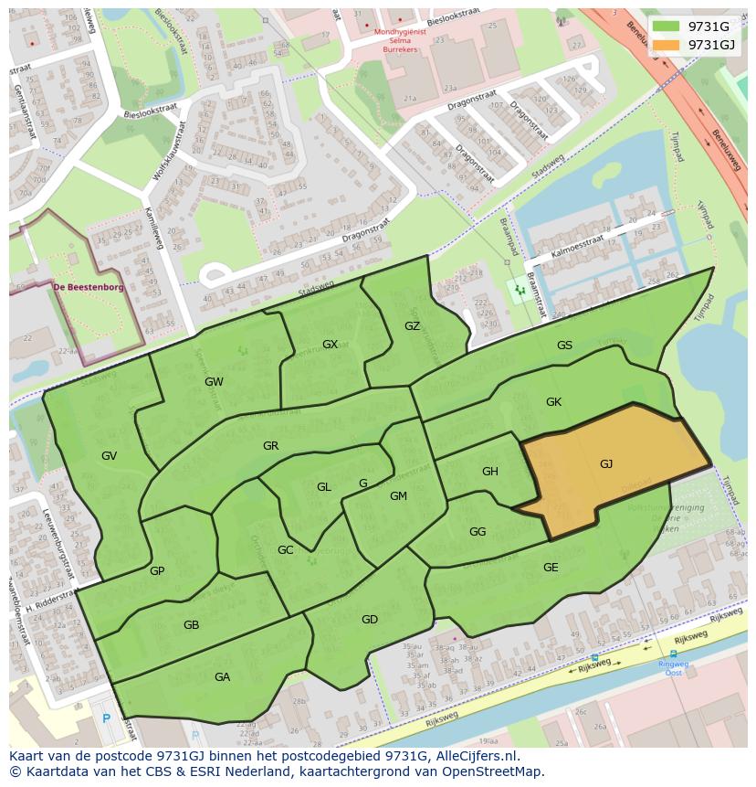 Afbeelding van het postcodegebied 9731 GJ op de kaart.