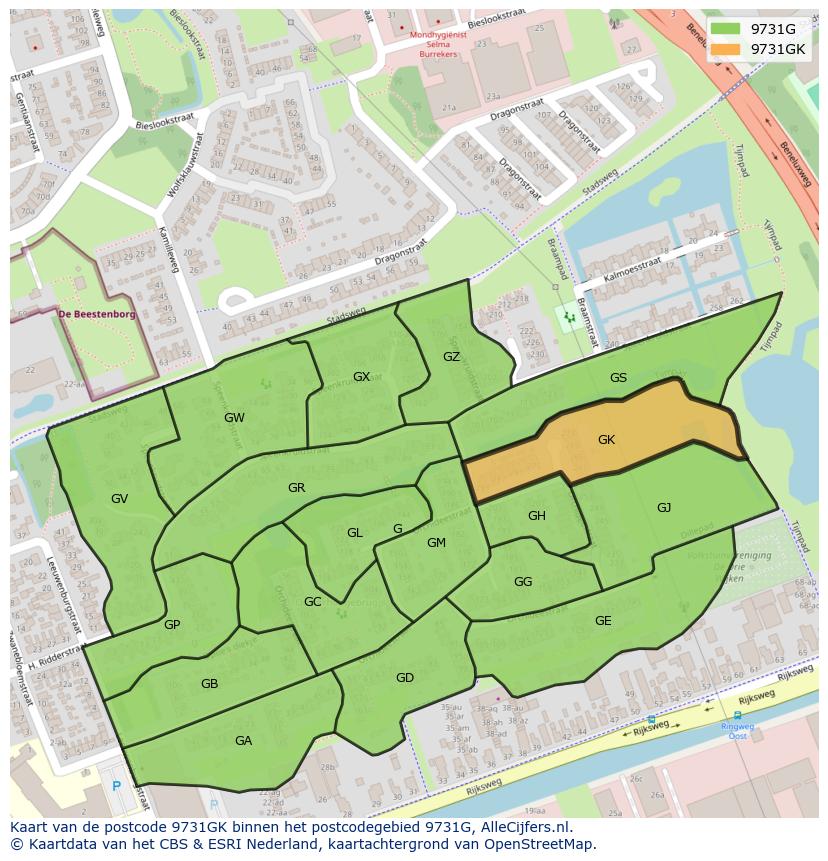 Afbeelding van het postcodegebied 9731 GK op de kaart.