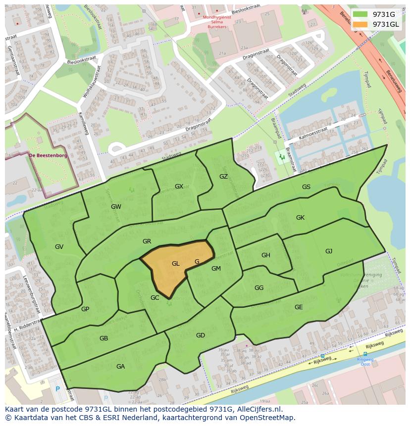 Afbeelding van het postcodegebied 9731 GL op de kaart.