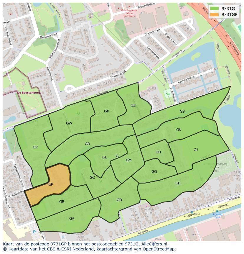 Afbeelding van het postcodegebied 9731 GP op de kaart.