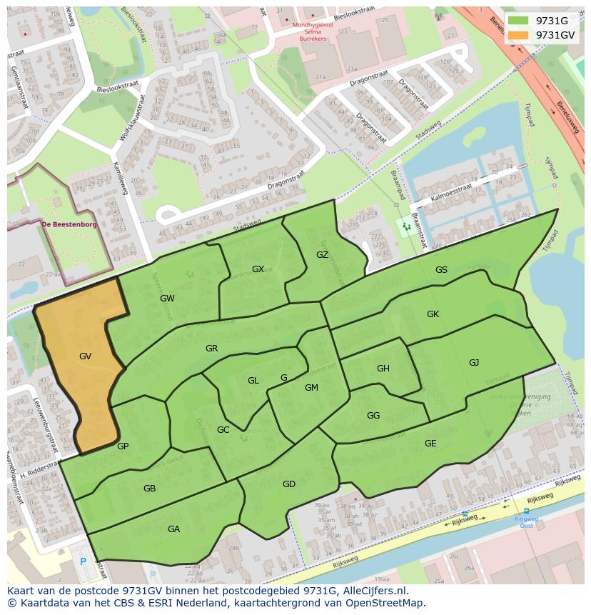 Afbeelding van het postcodegebied 9731 GV op de kaart.