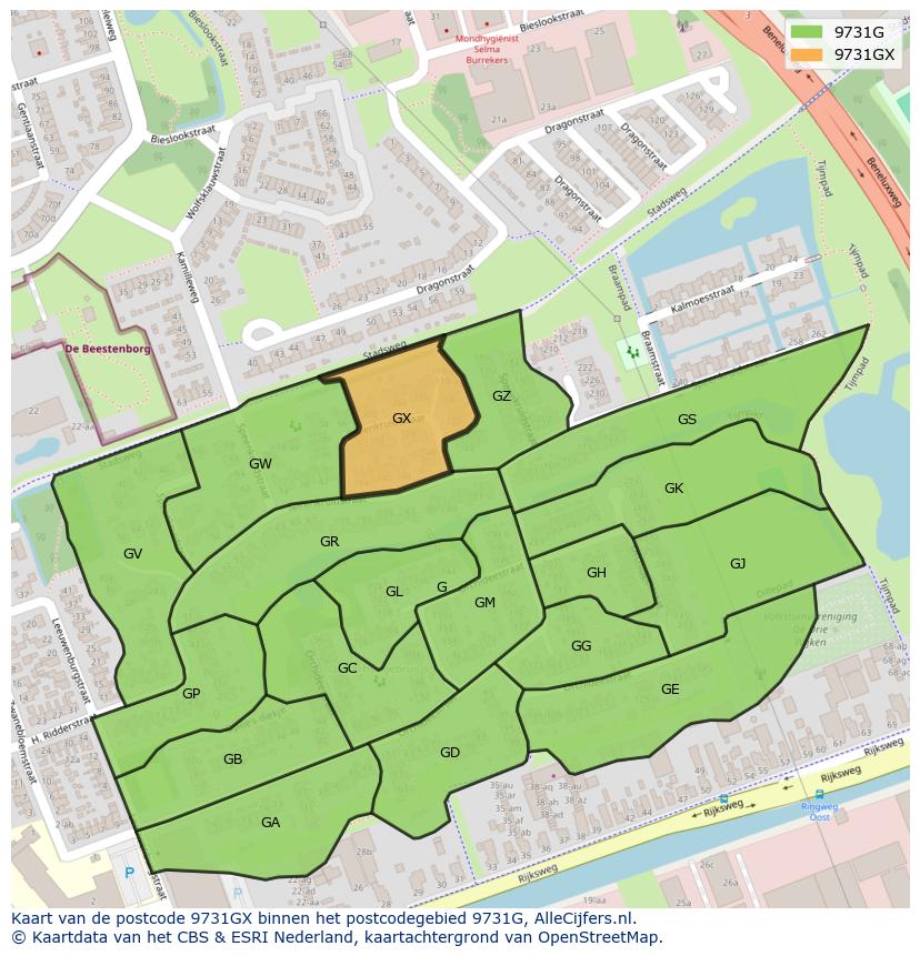 Afbeelding van het postcodegebied 9731 GX op de kaart.