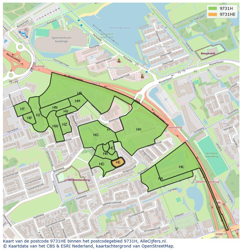 Afbeelding van het postcodegebied 9731 HE op de kaart.