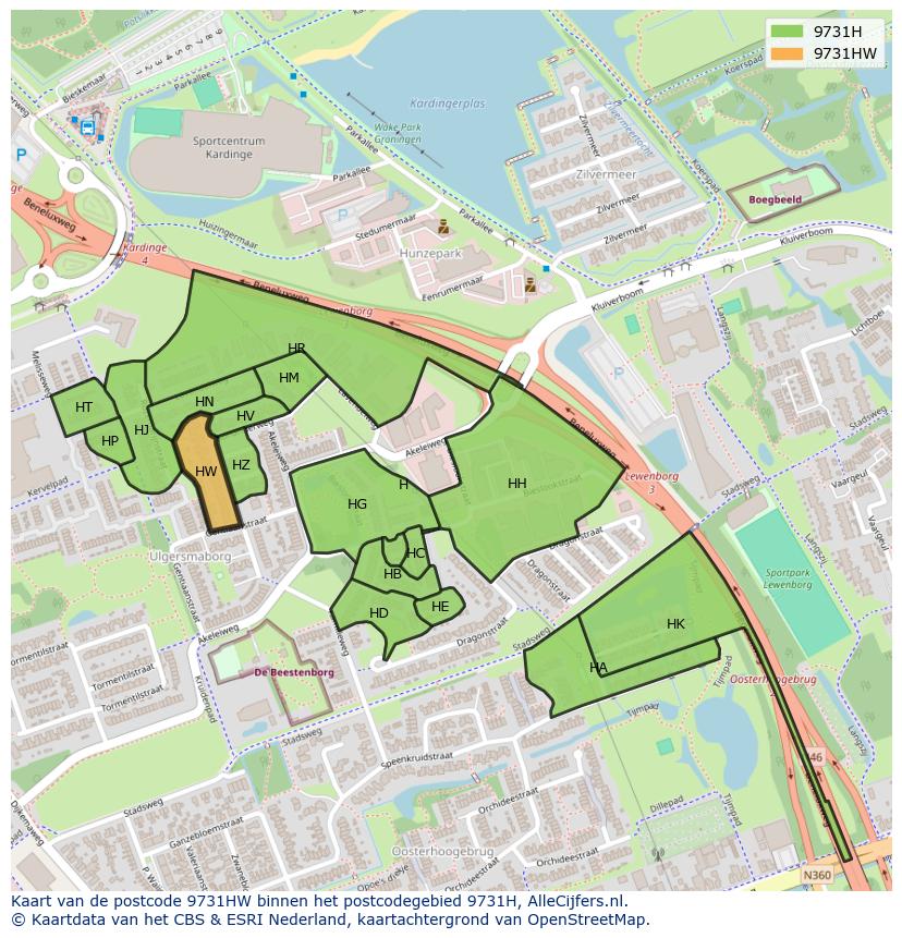 Afbeelding van het postcodegebied 9731 HW op de kaart.